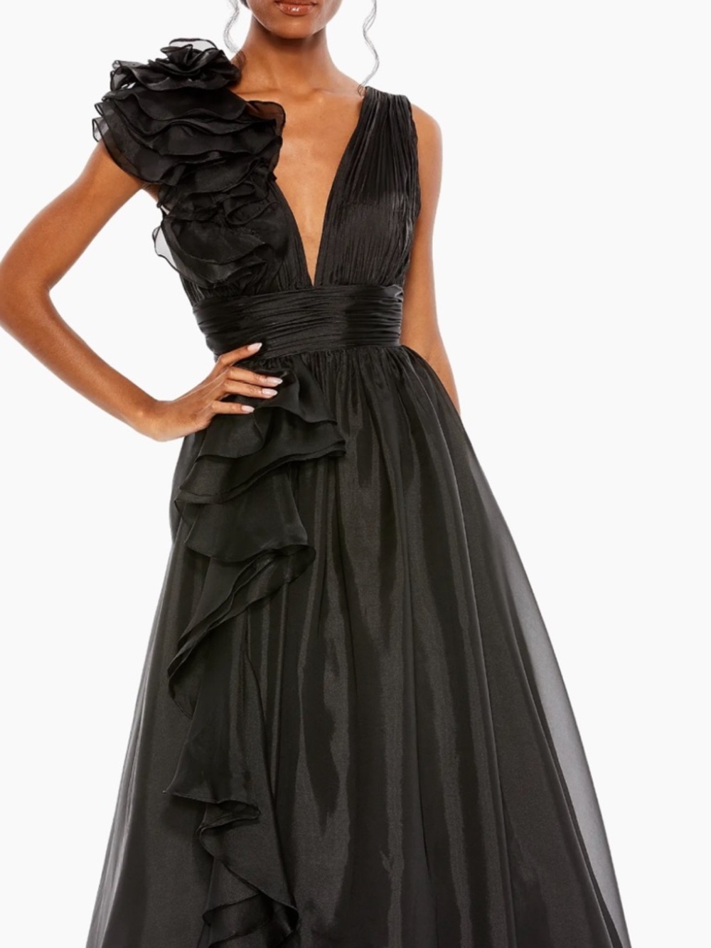 Mac Duggal Black V-Neck Rosette Shoulder Chiffon Gown - Picture 2 of 5